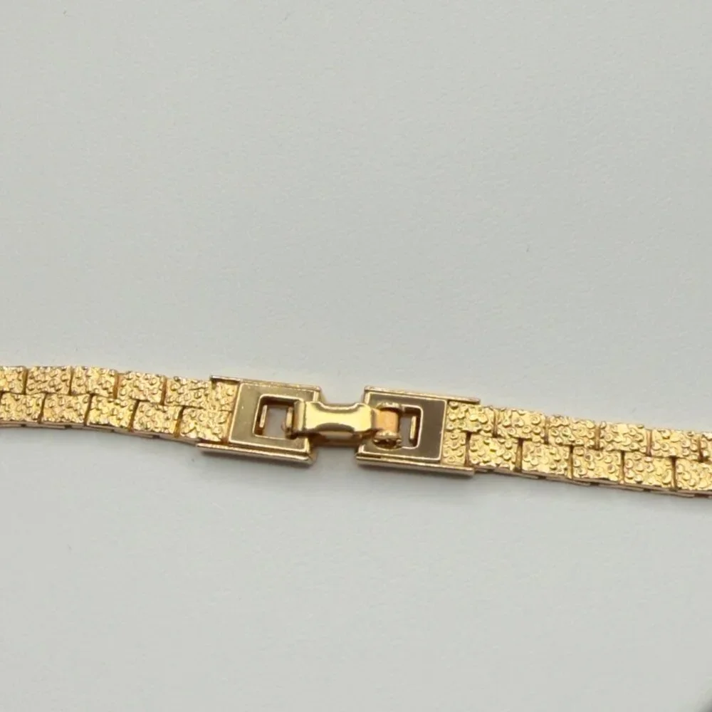 Vintage Gold Tone Textured Nugget Link Necklace Bracelet Set Crystal Accent - Picture 9 of 12